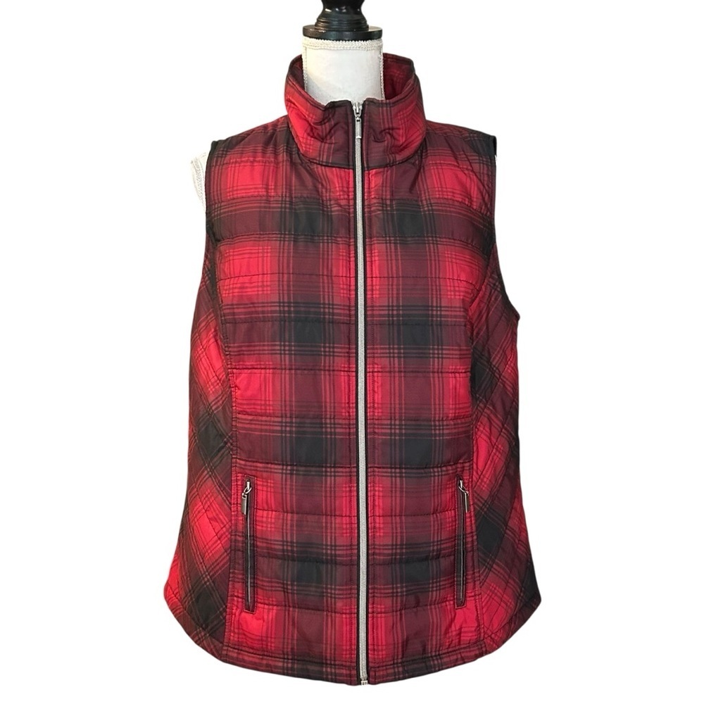 CJ Banks Plaid Zip Front Puffer Vest Women’s SZ X OR 14W in Red Black